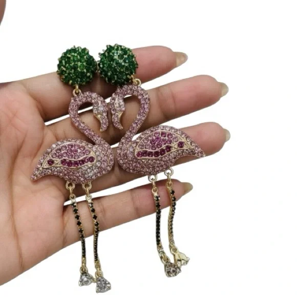 Rhinestone Pink Flamingo Dangle Drop Statement Stud Post Earrings NEW - Picture 5 of 5